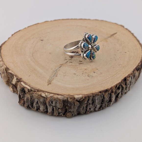 Handcrafted Zuni Flower Cluster Opal Sterling Silver Ring Native American Sz 8** - Picture 5 of 9